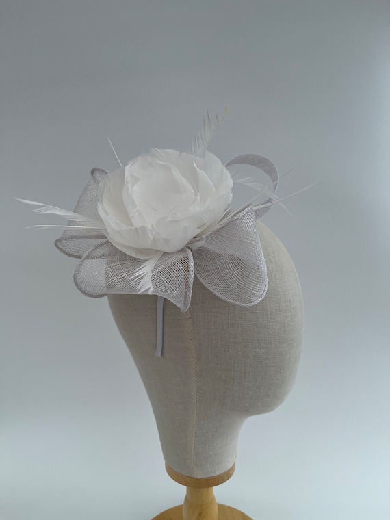 White Peony Feather Flower Sinamay Fascinator Headband and  display picture 1