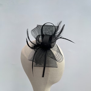 New Black crimped mesh bow shape fascinator headband and clip with added feathers
