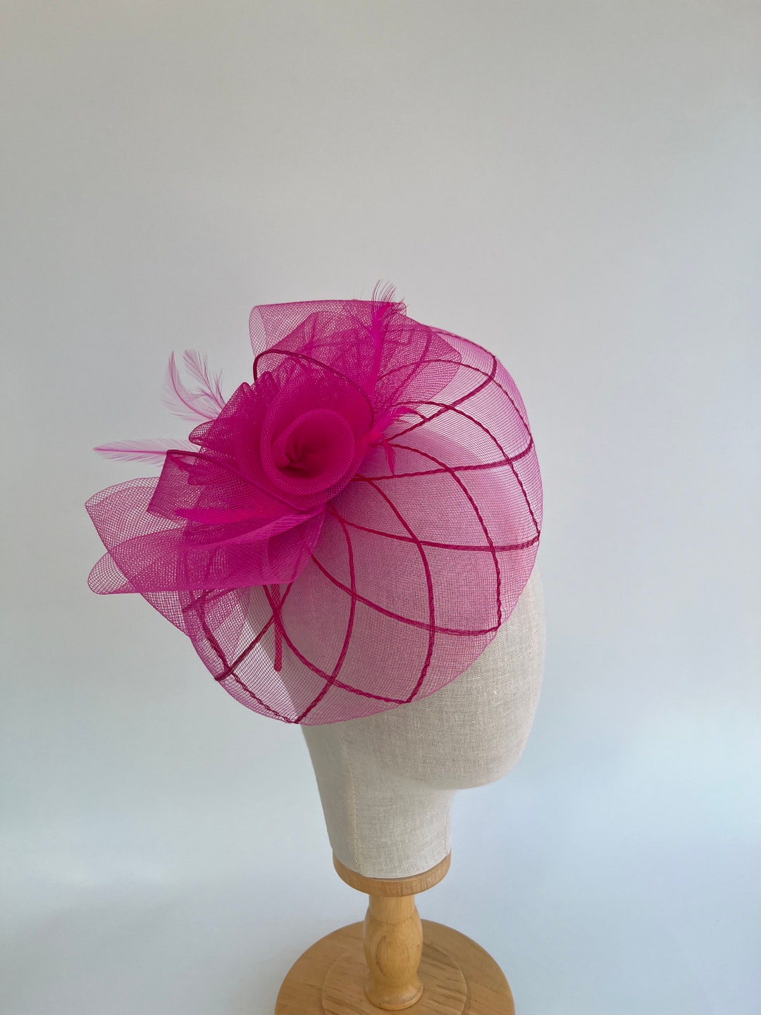 Cerise Pink Check Base Round Fascinator With a Mesh Flower Centre