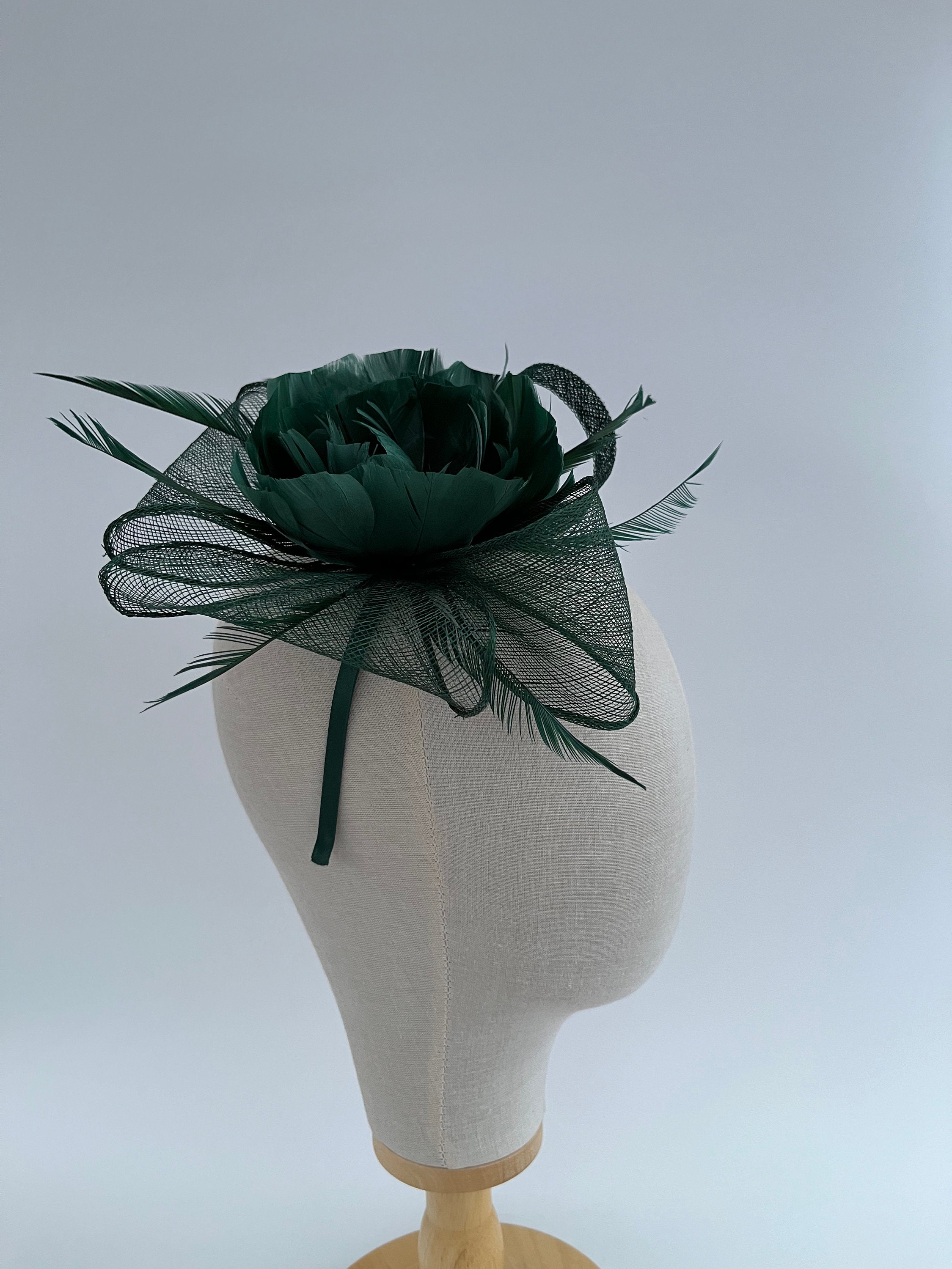 Emerald Green Peony Feather Fascinator New Dark Emerald Green Peony Feather Flower Sinamay Loop and  main image 2