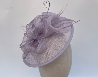 Lilac Purple sinamay calla Lily flower round fascinator hatinator headband and clip with feathers and stripped quill