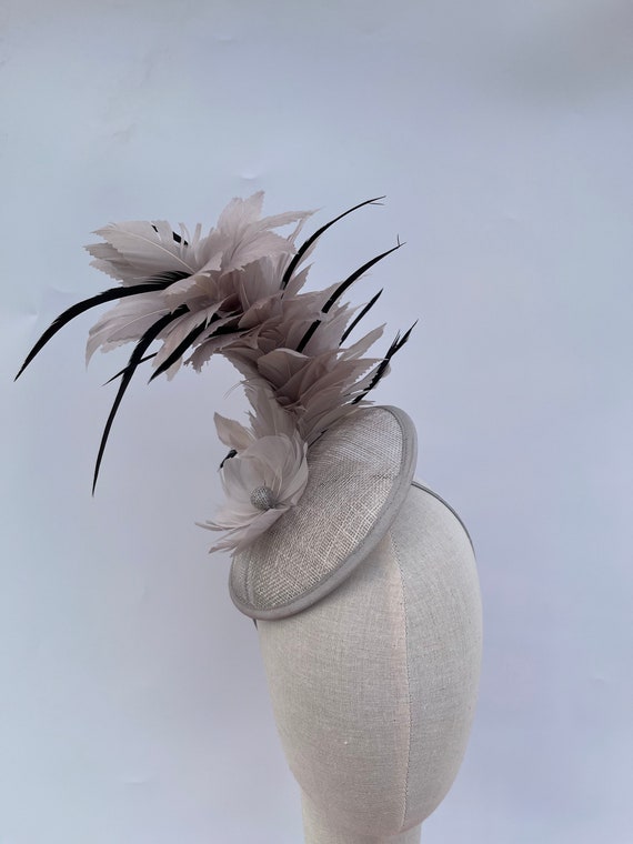 Grey with Black adjustable feather mount and flower sinamay fascinator  headband and clip