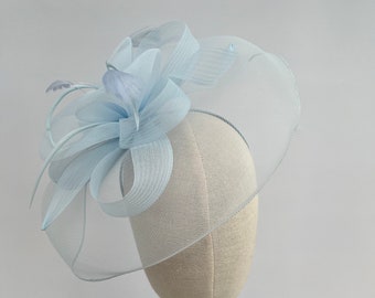 light blue large mesh looped fascinator headband and clip hatinator wedding races