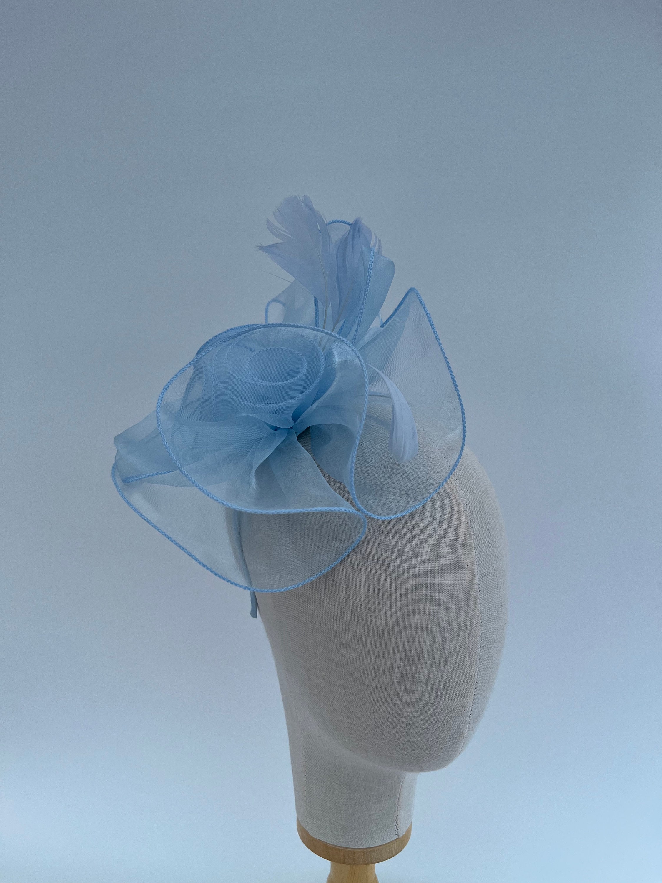 Light Blue Triple Flower Loop Mesh Fascinator With Feather 