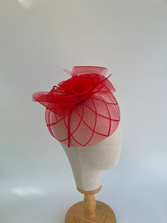 Red Check Base Round Fascinator With a Mesh Flower Centre  display picture 1