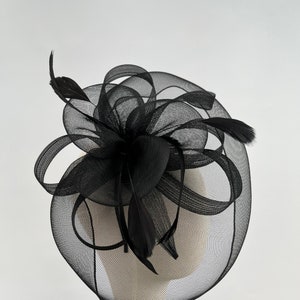 Black large mesh looped fascinator headband and clip hatinator wedding races image 3