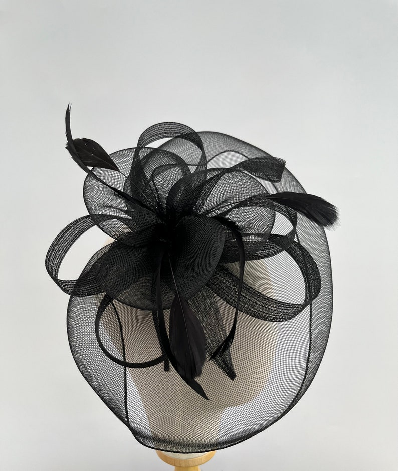 Black large mesh looped fascinator headband and clip hatinator wedding races image 3