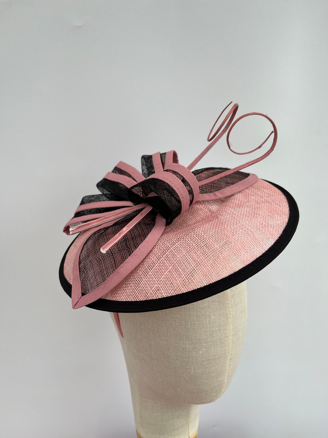 Elegant Sinamay Stripe Fascinator Headband, Pink And Rose, Mesh Bow 1324 kentucky derby hat fascinator bright pink sinamay base w  main image 2