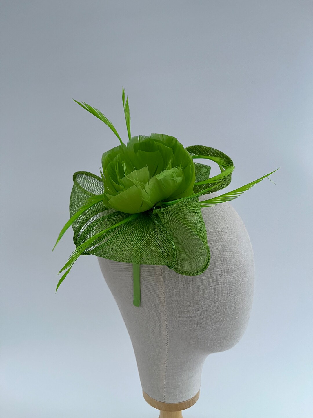Bright Lime Green Peony Feather Flower Sinamay Fascinator  display picture 2