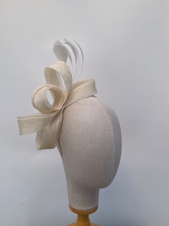 Elegant Cream Fascinator with Bow Cream Diamante Bow Large Sinamay Disk Wedding Fascinator main image 3
