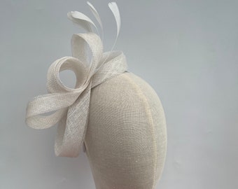 New White elegant sinamay loop bow fascinator headband with goose feathers