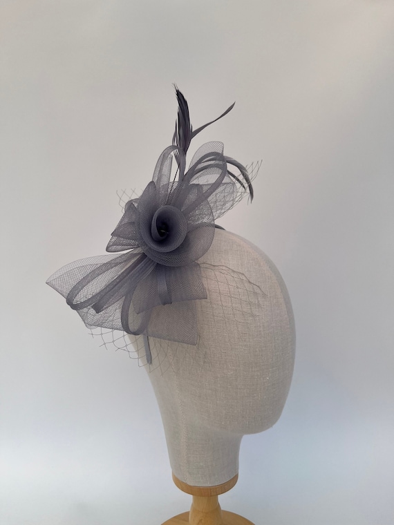 New dark grey headband and clip bow shape netted flower and feather  fascinator