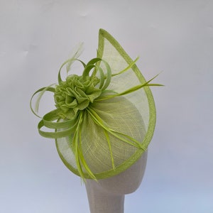 Bright lime Green Sinamay Teardrop flower fascinator headband and clip with feathers wedding races