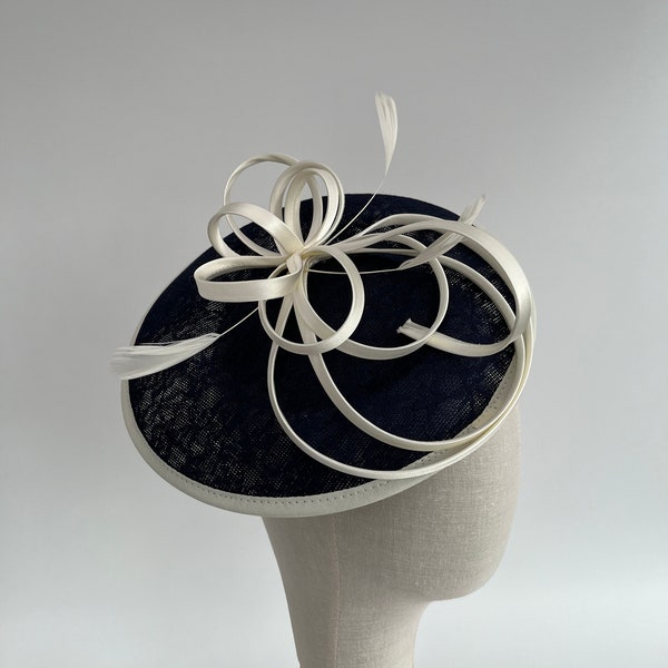 Navy Blue and cream round lace fascinator headband and clip with feathers and satin loops wedding races