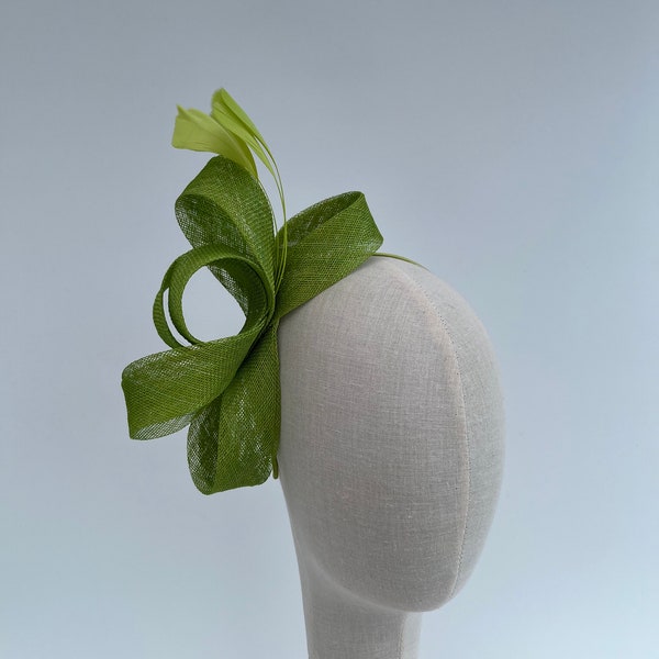 New lime green elegant sinamay loop bow fascinator headband with goose feathers