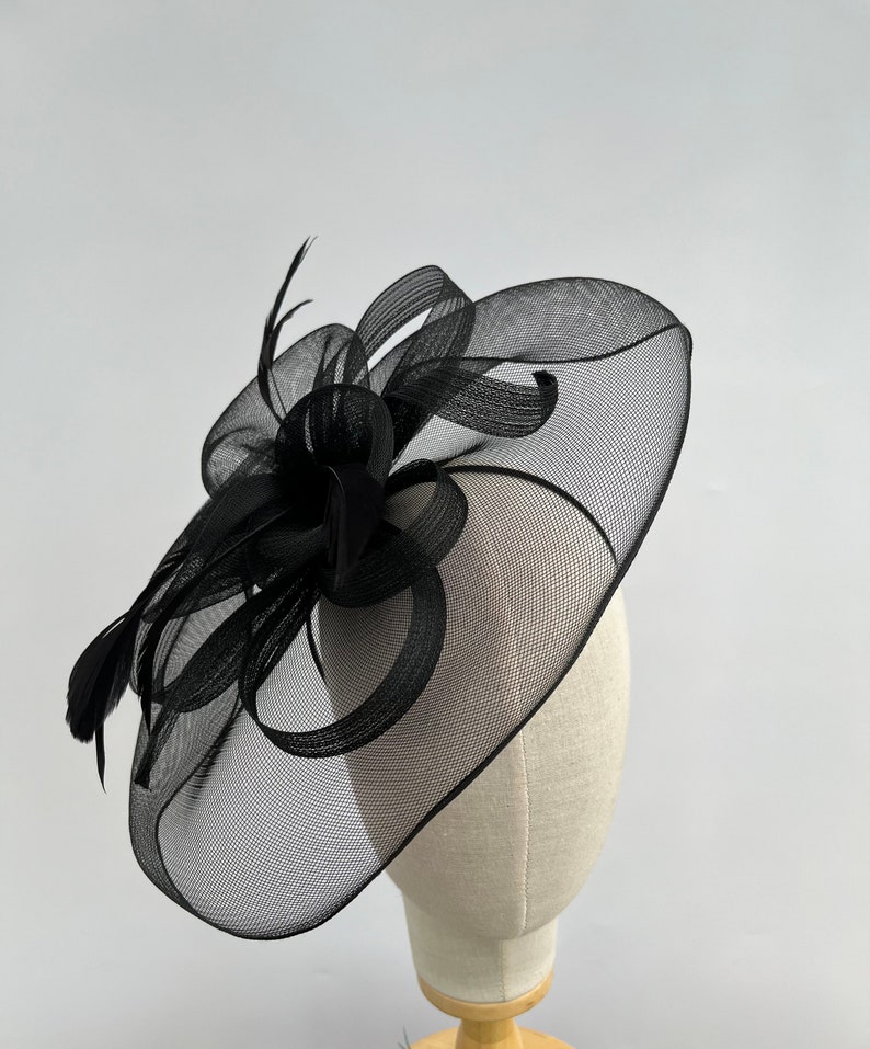 Black large mesh looped fascinator headband and clip hatinator wedding races image 2