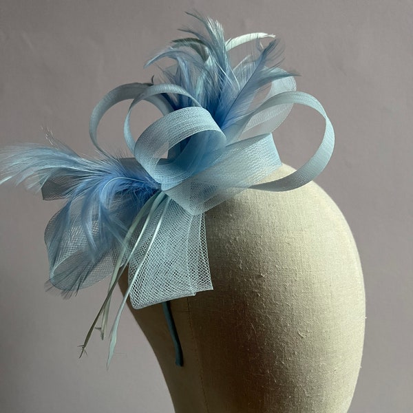New light blue headband and clip mesh bow shape fascinator with added feathers