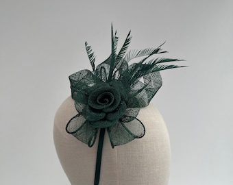 Emerald Green Peony Feather Fascinator New Dark Emerald Green Peony Feather Flower Sinamay Loop and  main image 4