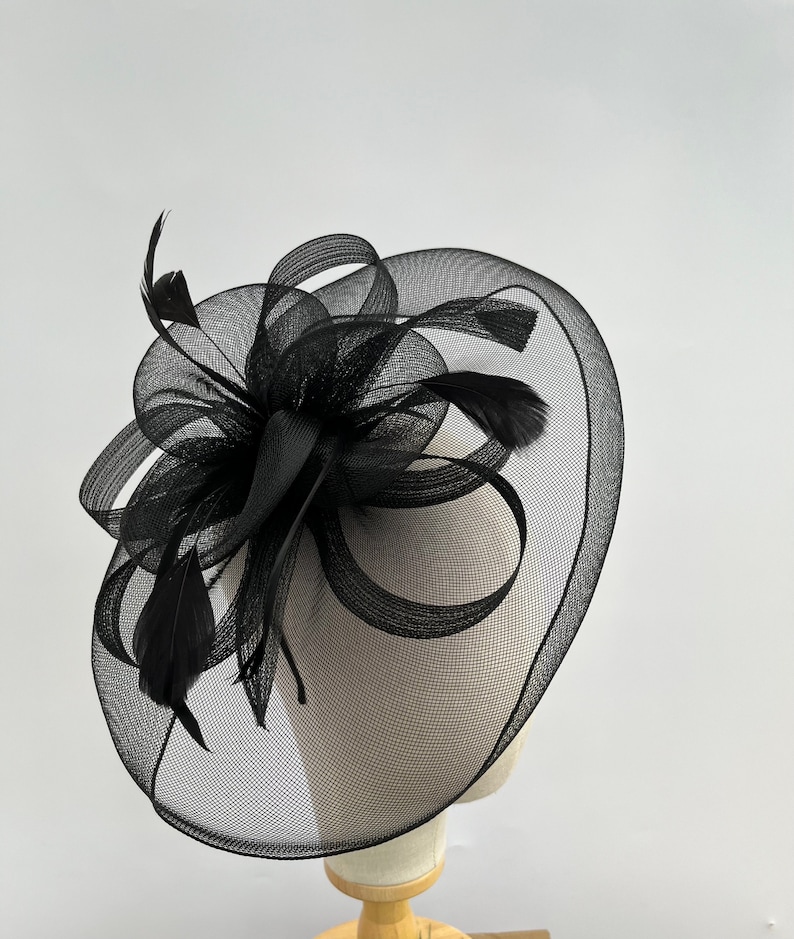 Black large mesh looped fascinator headband and clip hatinator wedding races image 1