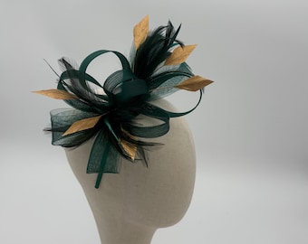 Dark green fascinator headband with Gold diamond feathers