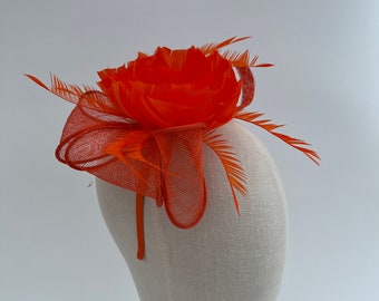 New Bright Orange Peony Feather Flower Sinamay Loop and  display picture 1