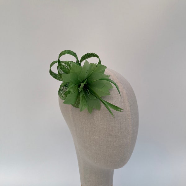 new green feather flower and sinamay loop clip fascinator and brooch