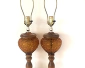 Fenton Daisy and Button Amber Glass Table Lamps with Turned Wood and Gold Metal Trim, 1972