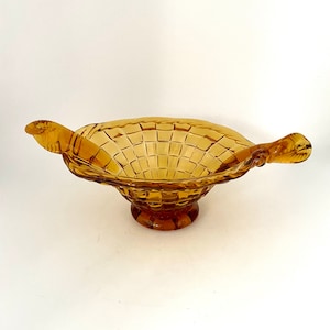 MCM Vintage Amber Glass Basket Weave Footed Bowl with Twist Handles