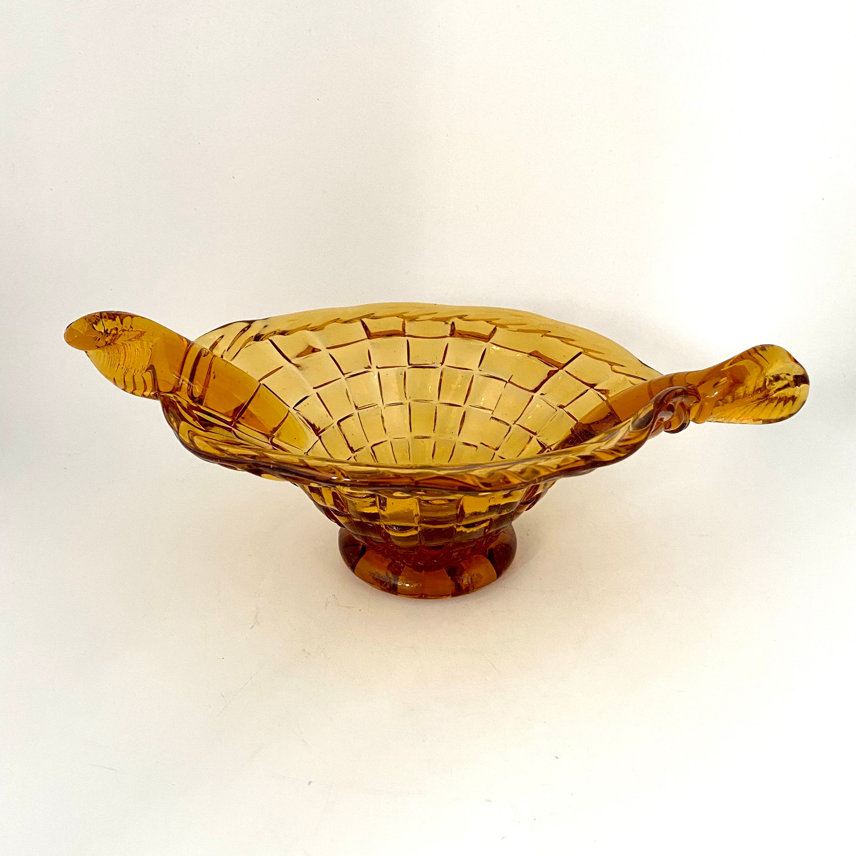 MCM Vintage Amber Glass Basket Weave Footed Bowl With Twist Etsy