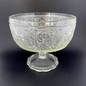 Sandwich Patterned Vintage Glass Pedestal Footed Compote Bowl, Centerpiece, Pale Yellow