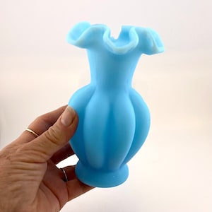 Fenton Blue Satin 6” Vase #7451, Ruffle Rim