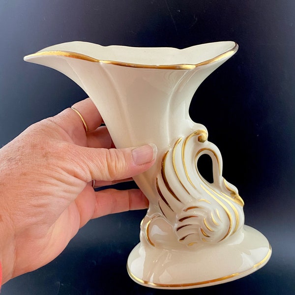 Chadwick China Company Swan Cornucopia Vase with Gold Detail 1940s Art Nouveau Style