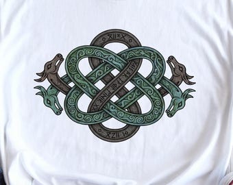 Camiseta de doble nudo celta, camiseta de dragón con runas vikingas, camiseta de nudos nórdicos, camiseta con símbolos paganos, camiseta de festival de música, estampado de herencia nórdica