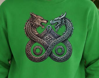 Celtic Knot Hoodie, Wolf Dragon Sweatshirt, Norse Pagan Viking Art, Norwegian Gifts, Oversized Winter Wear, Celtic Art Heritage