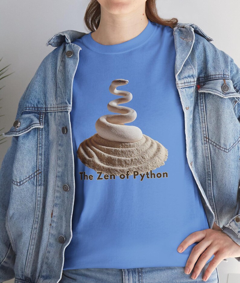 Carolina blue t-shirt with a high-contrast glowing Zen Python design. Perfect gift for software engineers, tech leads, and data science professionals. Edgy but clean programming style.