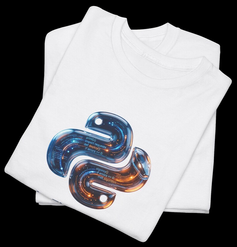 May include: White t-shirt featuring a stylized Python logo in blue and orange with embedded code snippets. The logo is a glossy, three-dimensional design. The shirt is folded, showing the front of the shirt with the logo.