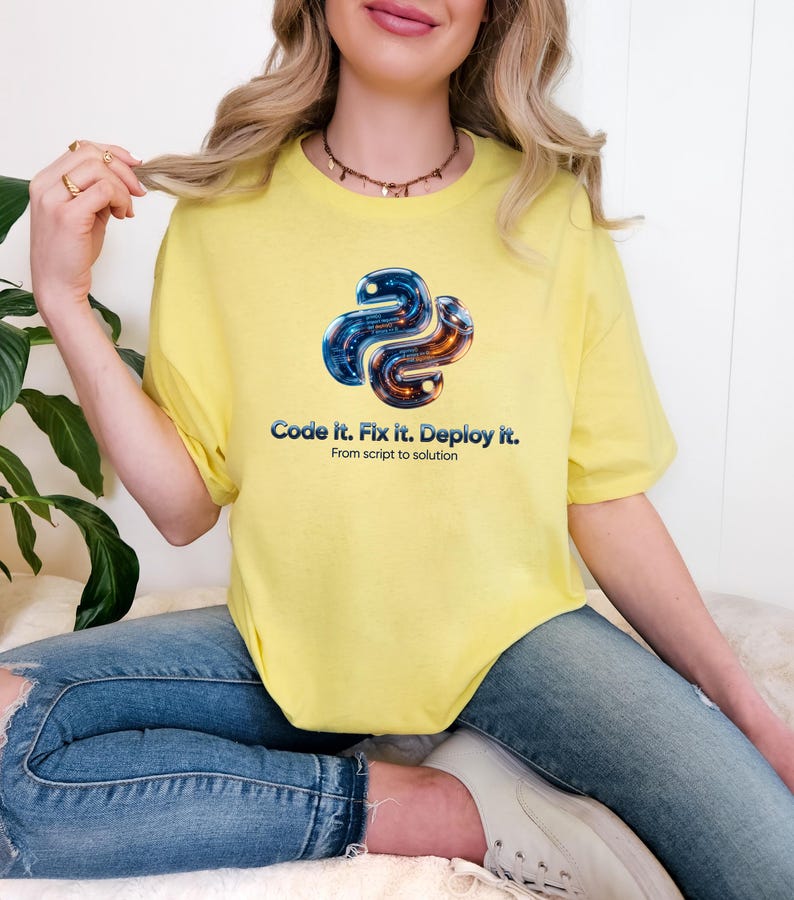 Cornsilk t-shirt featuring a futuristic 3D metallic python snake with glowing internal code. Text: "Code it. Fix it. Deploy it." Modern tech gift for 2026 software engineers.
