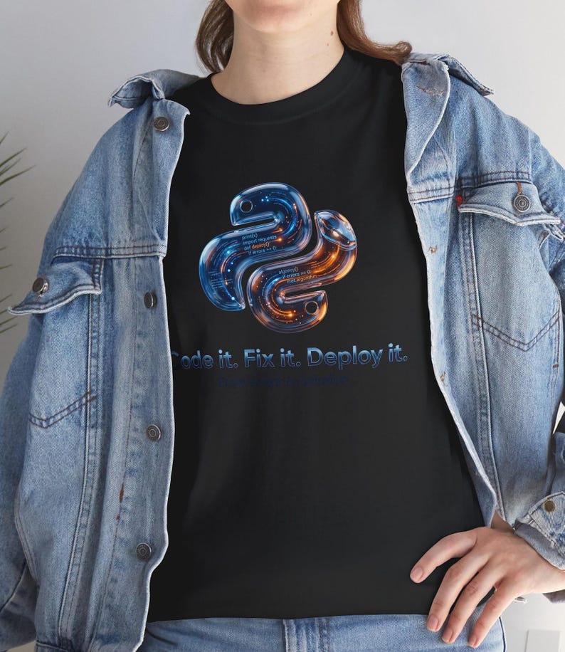 Black premium tee featuring the futuristic 3D Python snake design. Soft, professional look for data scientists and AI engineers. Perfect for those who appreciate clean, tech-focused aesthetics and high-quality DTG prints.