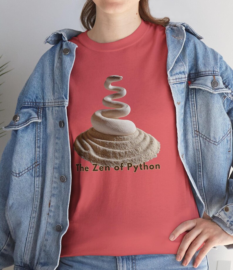 Coral silk t-shirt with a graceful, artistic Python Zen emblem. Empowering and unique graduation gift for female data analysts and computer science students Class of 2026.