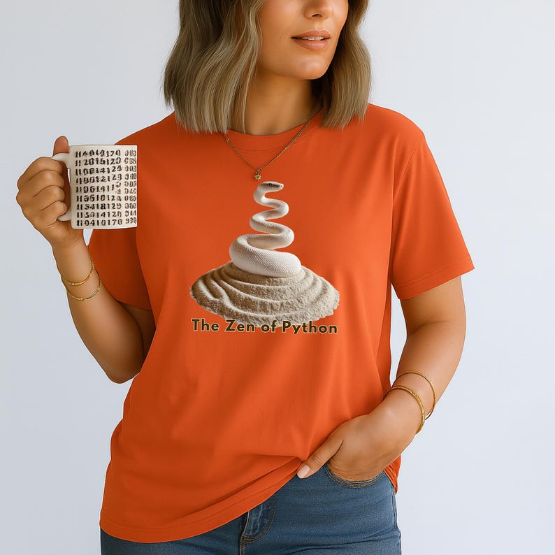 Orange t-shirt with a graceful, artistic Python Zen emblem. Empowering and unique graduation gift for female data analysts and computer science students Class of 2026.