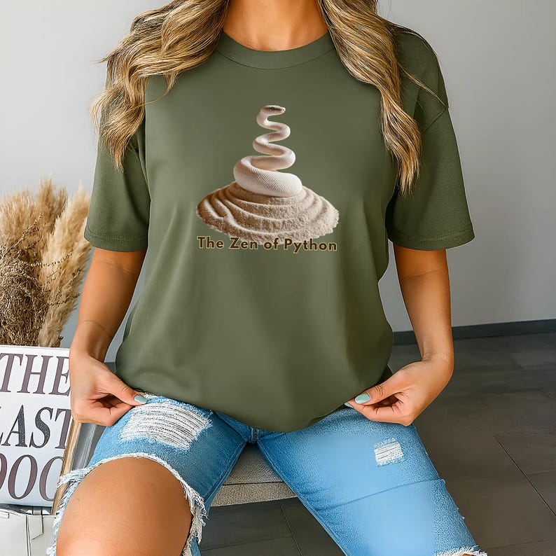 Military green t-shirt featuring the white python sand garden illustration. A balanced, organic tech wear design for developers who appreciate Pythonic philosophy and minimalism.