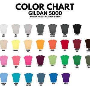 May include: Color chart of Gildan 5000 unisex heavy cotton t-shirts. The chart displays a variety of colors, including white, black, grey, blue, green, red, and yellow. Each color is represented by a small t-shirt graphic with the color name below.