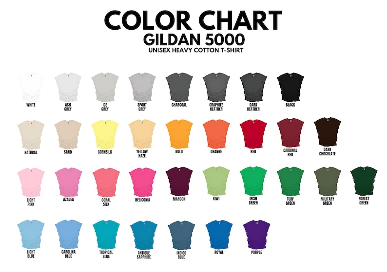 May include: Color chart of Gildan 5000 unisex heavy cotton t-shirts. The chart displays a variety of colors, including white, black, grey, blue, green, red, and yellow. Each color is represented by a small t-shirt graphic with the color name below.