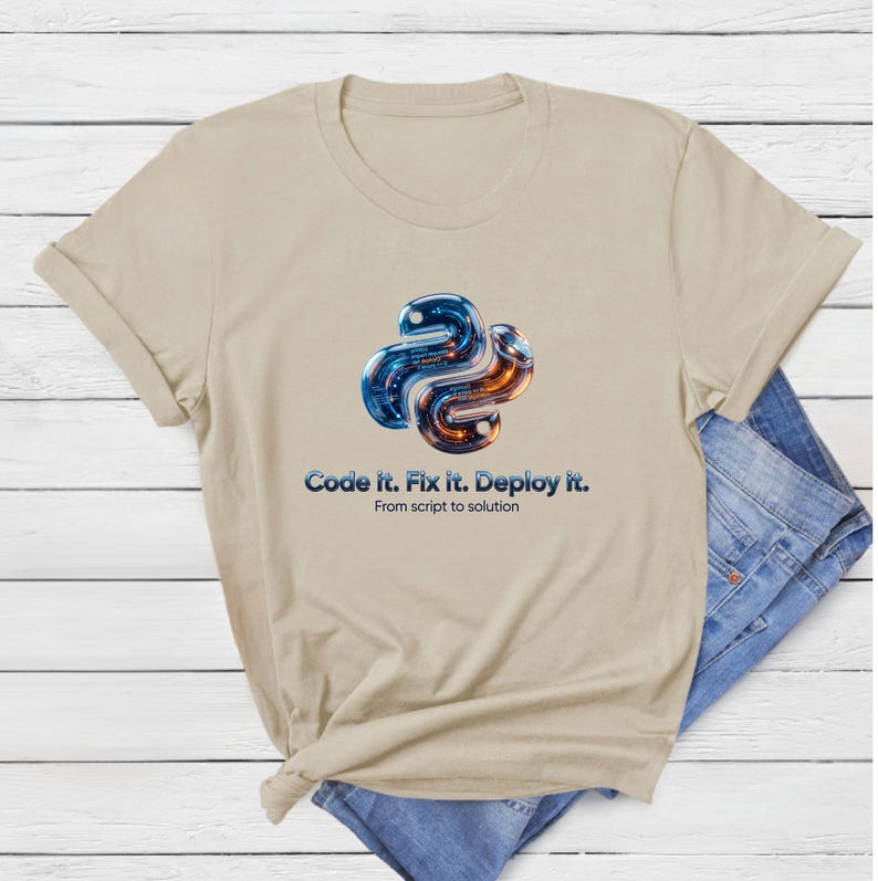 Sand beige t-shirt featuring a futuristic 3D metallic python snake with glowing internal code. Text: "Code it. Fix it. Deploy it." Modern tech gift for 2026 software engineers.
