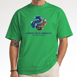 Irish green t-shirt with a liquid metal python design. Minimalist and bright look for data scientists and STEM students. Features "From script to solution" motto.