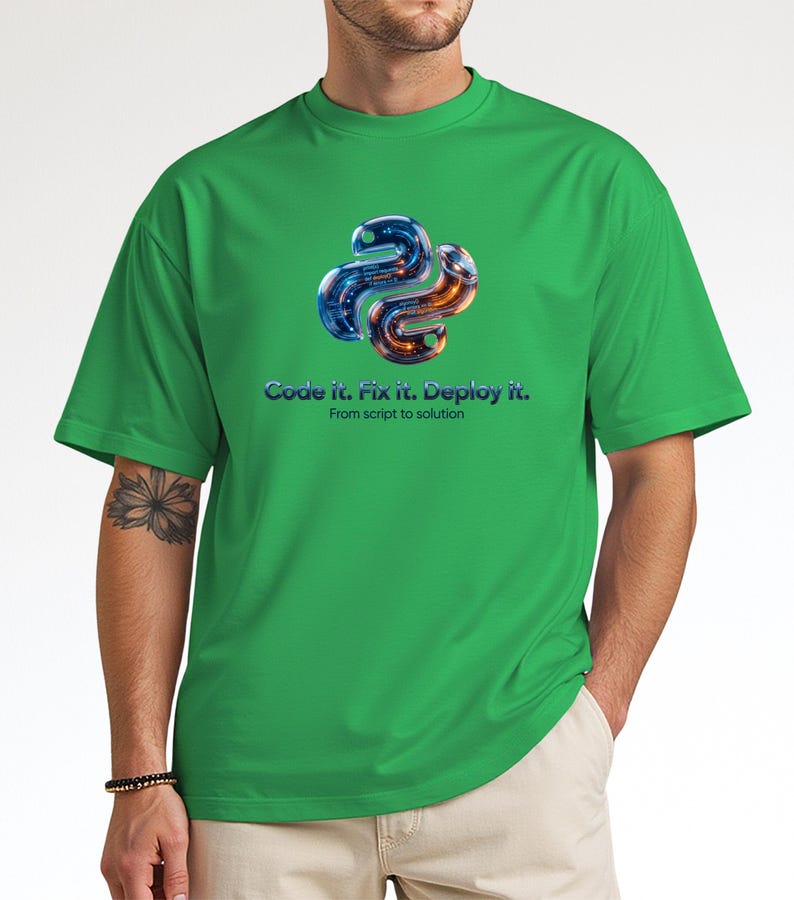 Irish green t-shirt with a liquid metal python design. Minimalist and bright look for data scientists and STEM students. Features "From script to solution" motto.
