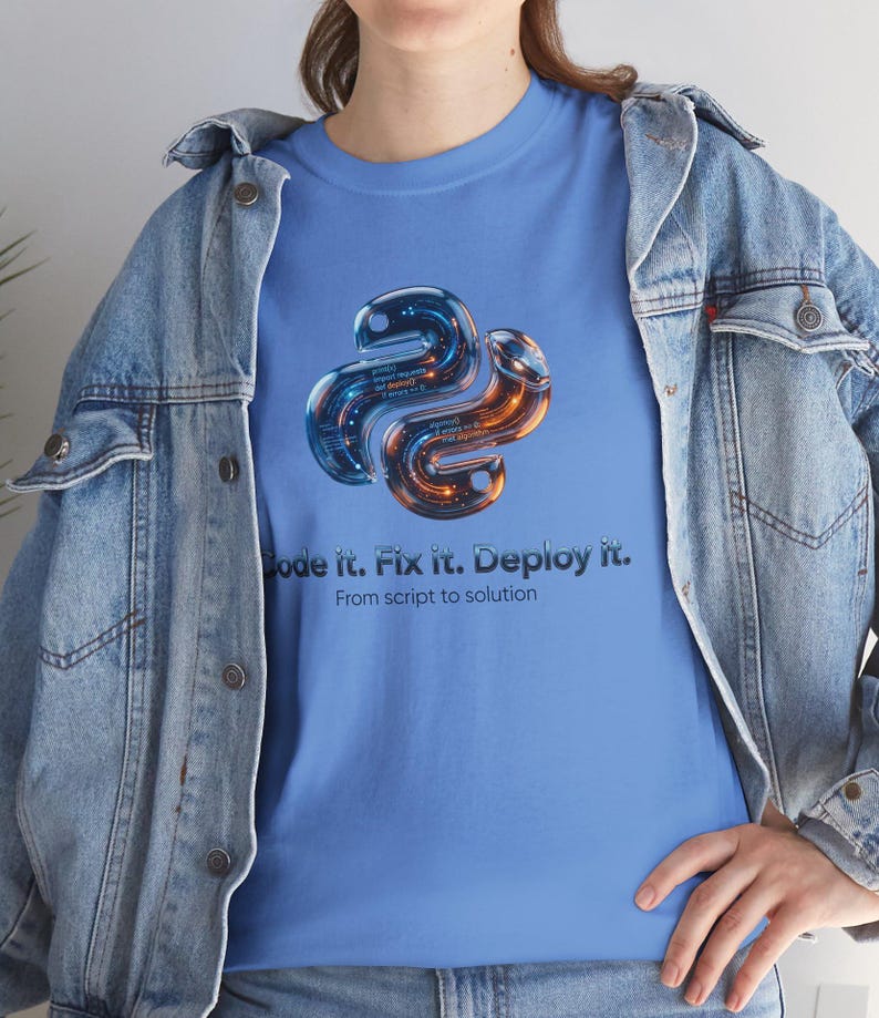 Carolina blue t-shirt with a sophisticated 3D Python emblem. Professional attire for backend developers and AI engineers. Perfect gift for work anniversaries in the tech industry.