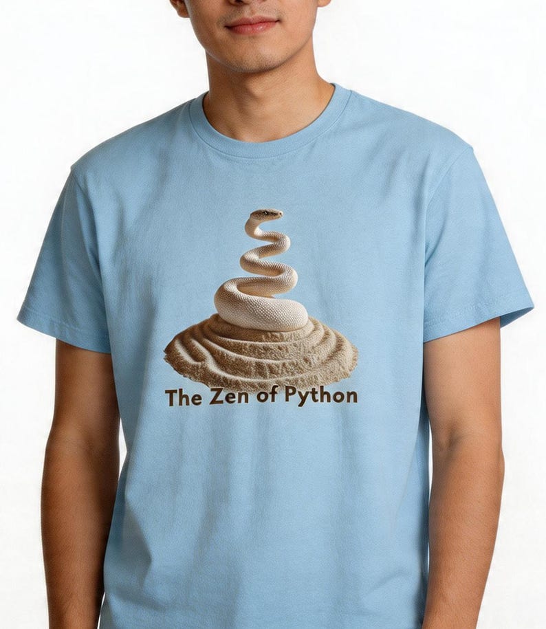 Light blue t-shirt with a high-contrast glowing Zen Python design. Perfect gift for software engineers, tech leads, and data science professionals. Edgy but clean programming style.