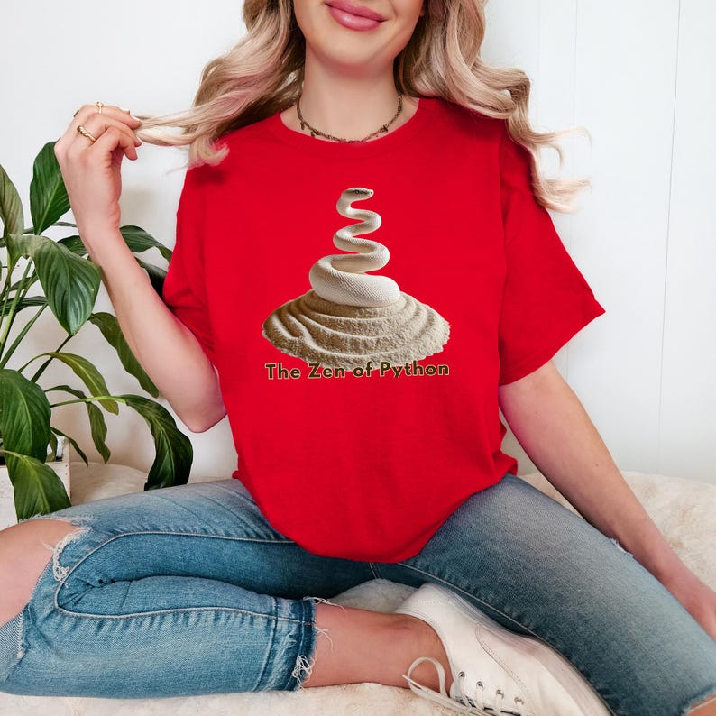 red t-shirt with a graceful, artistic Python Zen emblem. Empowering and unique graduation gift for female data analysts and computer science students Class of 2026.