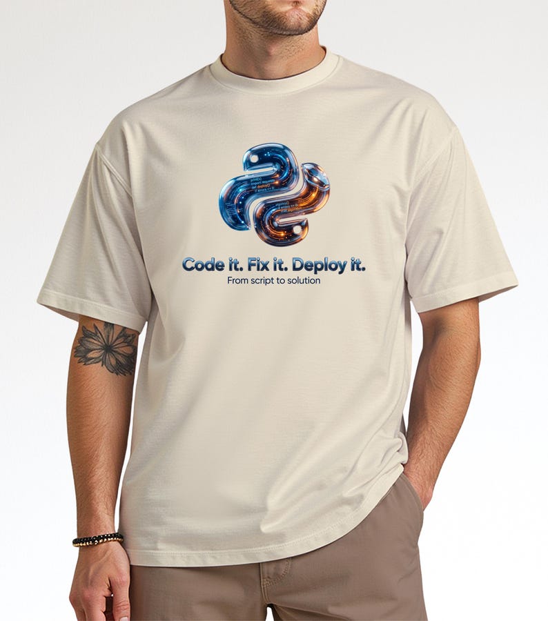 Natural beige t-shirt featuring a futuristic 3D metallic python snake with glowing internal code. Text: "Code it. Fix it. Deploy it." Modern tech gift for 2026 software engineers.